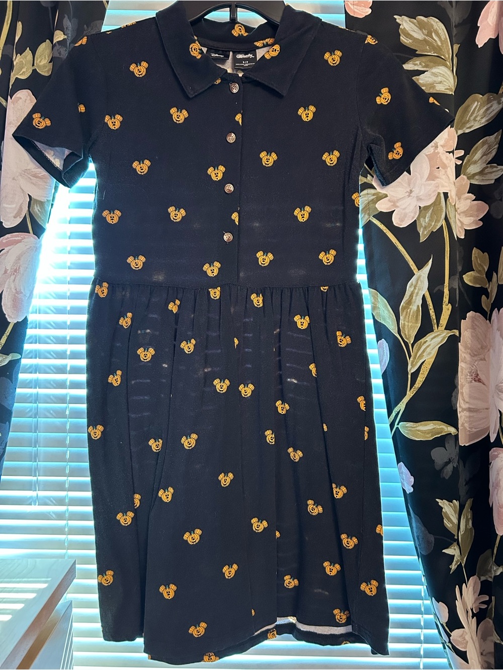 Cakeworthy Collared Short Sleeve Button-Up Dress Mickey Mouse Pumpkin Print